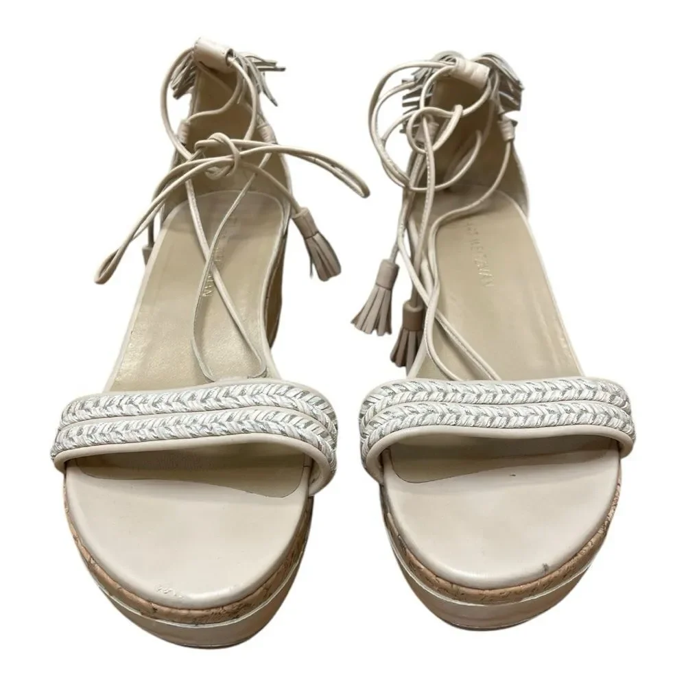 Stuart Weitzman Cream Wedge Sandals Lace Up Fringe Tassels Bohemian Sz 10 - Picture 9 of 10